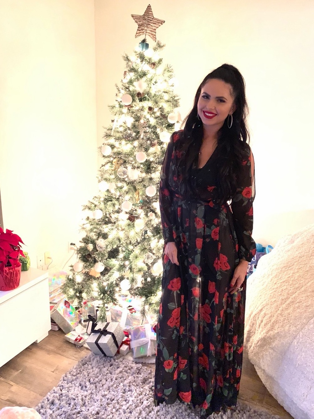 Aakaa Black Maxi Dress with Red Rose Print